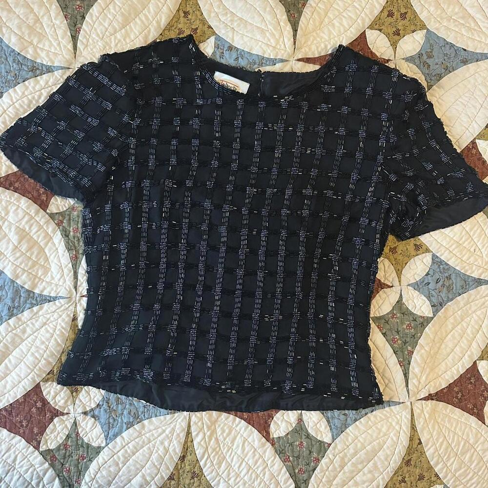 Vintage silk beaded top 90s Y2K black w black beading fairy whimsigoth glam